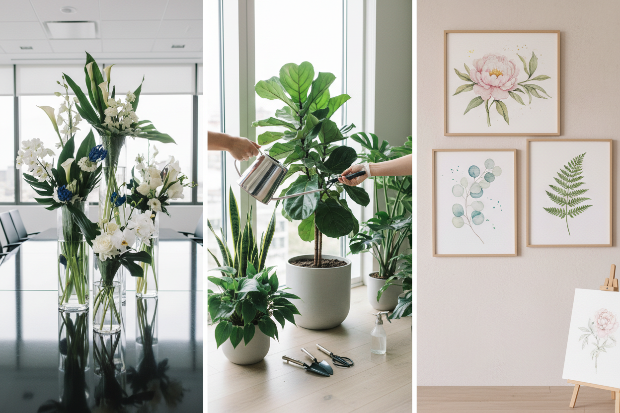 my business is a merge of three business. generate one picture divided into three smaller, vertical pictures, first one with floral design for corporate events (dont make it too wedding-y), second vertical picture with plant mainantenance, and third picture with watercolor prints