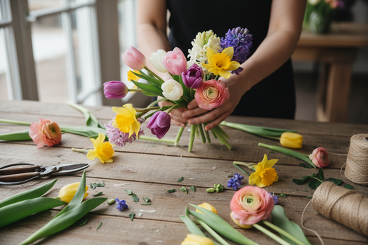spring floral workshop, with tulips, and other spring flowers. no faces, just hands at work, make it as real as possible